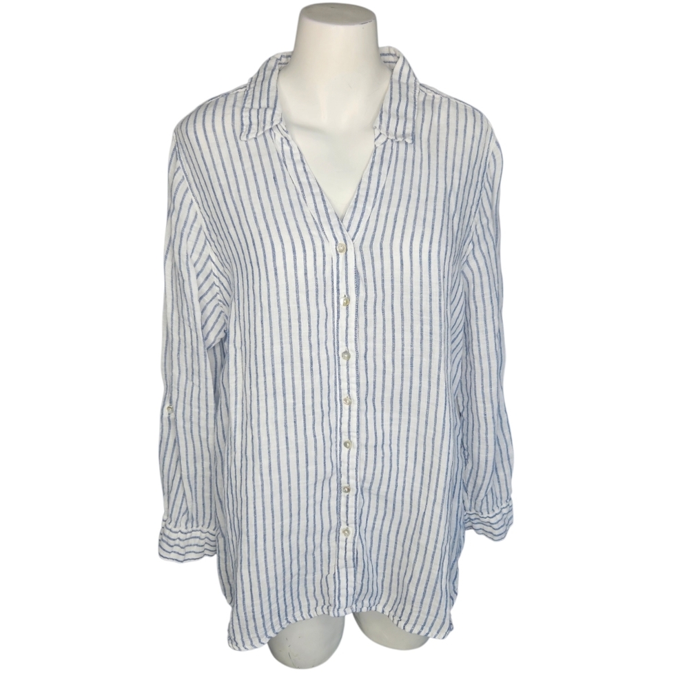 Tahari Linen Blue/White Striped Button Down Shirt Sz 1X Coastal Euro Summer